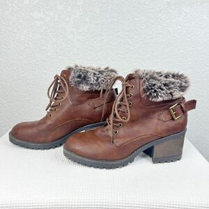 Shoedazzle Doreen Brown Black Gray Fur-lined Ankle Heeled Booties Size 10